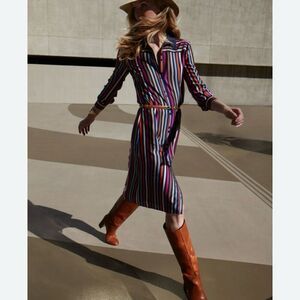 Trina Turk Navy Striped Cuffed Knee Length Shirt‎ Dress Size 6